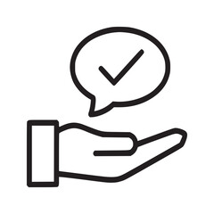 Hand holding a speech bubble with a check mark inside in a minimalist line art style illustration