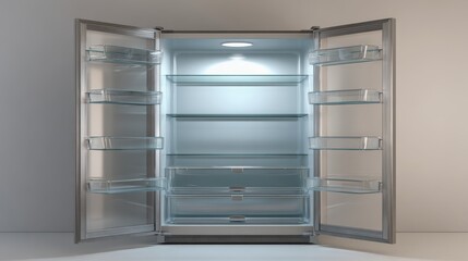 Empty Stainless Steel Refrigerator with Open Double Doors and Interior Shelving Ready for Stocking