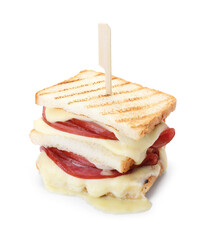 Delicious sandwich with melted cheese and ham isolated on white