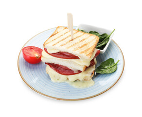 Delicious sandwich with melted cheese, ham, tomato and spinach isolated on white