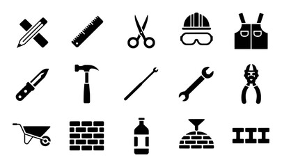 Obraz premium Construction tools safety equipment and building materials icons vector illustration