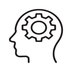 Outline of a head in profile with a gear inside representing thinking or mental processes concept
