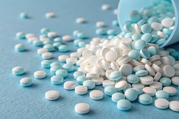 Blue and White Pills Spilling from White Container on Blue Surface