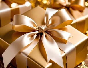 Opulent champagne gift box with a flowing satin ribbon bow, glowing amid warm golden bokeh for luxe holiday gifting