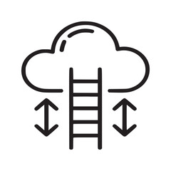 Outline illustration of a cloud with a ladder and arrows pointing down on a white background