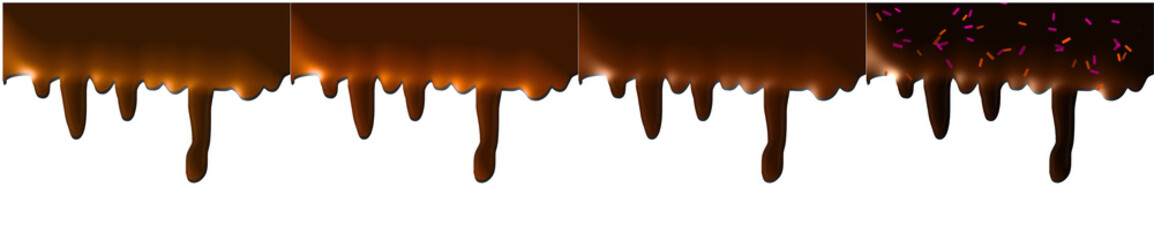Chocolate icing dripping in colorful layers on white background  
