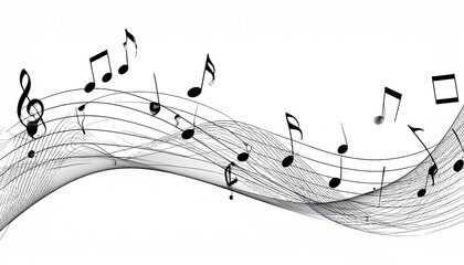 A dynamic musical composition with flowing staff lines, treble clef, and scattered notes, symbolizing rhythm, harmony, and creative expression.