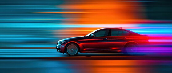 A sleek red car speeds through a vibrant, colorful background with dynamic motion blur, evoking a sense of power, energy, and futuristic style