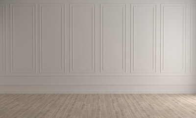 Classic interior with blank wall, panel, moldings. 3d render illustration mock up.