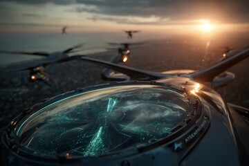 An artistic shot showing a futuristic aircraft cockpit over an urban landscape at dusk, a stunning aerial vehicle in the golden hour with soft, glowing light, innovation.