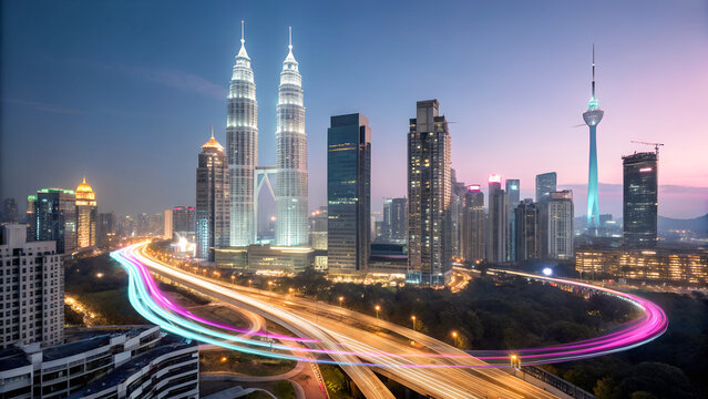 Kuala Lumpur City Skyline at Night &ndash; Petronas Towers & KL Tower