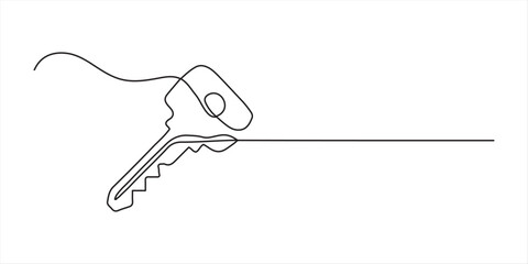 Continuous one line art drawing symbol of house keys, Real Estate Line Icon Vector Design, Continuous line art drawing of a house with a key, Set of keys against white background.