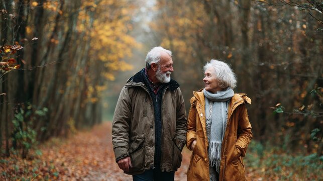 side view shot of beautiful happy lovers walking along path among autumn trees cheerful romantic elderly couple holding hands of each other with pleasure senior man and woman talking outdoors no log - Powered by Adobe