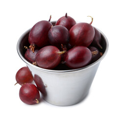 Fresh ripe red gooseberries in bowl isolated on white