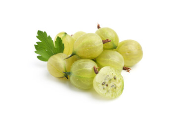 Fresh ripe green gooseberries with leaf isolated on white