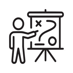 Illustration of a person presenting a strategy on a whiteboard with symbols and a question mark