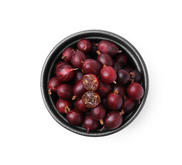 Fresh ripe red gooseberries in bowl isolated on white, top view