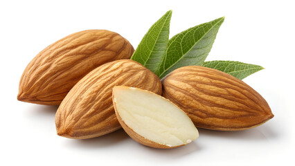 Close-Up of Raw Almonds with Green Leaves – Healthy Organic Superfood