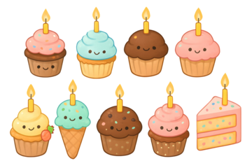 Adorable cupcakes and cake slice with candles isolated on a transparent background dessert