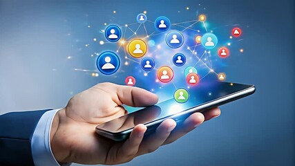 Businessman holds a digital tablet with social media icons, symbolizing global connection and network communication - Powered by Adobe