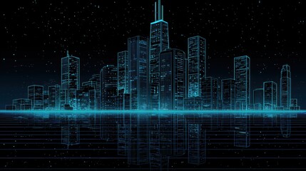 Fototapeta premium Futuristic neon city skyline with glowing blue outlines, reflected on a grid surface under a starry night sky