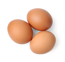 Raw chicken eggs isolated on white, top view