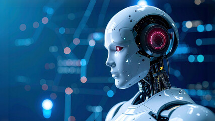 A futuristic robot with intricate details and glowing eyes against a blurred tech background. This image evokes a sense of advanced technology and artificial intelligence.