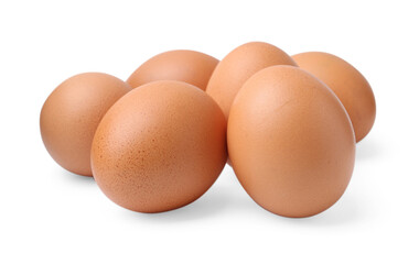 Many raw chicken eggs isolated on white