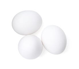 Raw chicken eggs isolated on white, top view