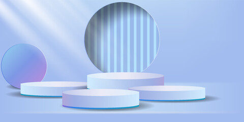 Abstract Colorful neon lights of 3D cylinder podium with geometric circle shape holographic futuristic scene background. modern trendy and simple design