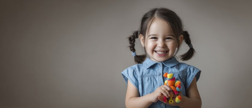 The cheerful girl holding a colorful plush toy in a cozy setting.