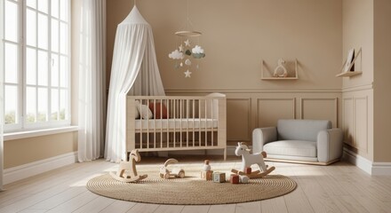 skandinavian baby room with a crib, sofa and toys