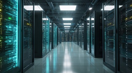 The futuristic data center with glowing server racks and illuminated pathways.