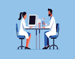 Man and woman scientists in lab coats working on a computer and analyzing test tubes. Medical research vector illustration.