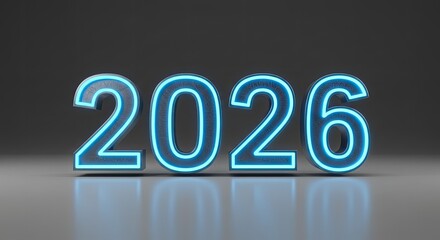 2026: Futuristic Neon-Lit Metal Numerals on Reflective Surface