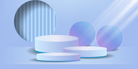 Colorful neon lights of 3D cylinder podium with geometric circle shape holographic futuristic scene background for display products, vector illustration in banners