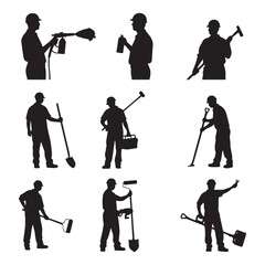 Naklejka premium A set of 12 black silhouette illustrations of construction and maintenance workers in various poses against a white background. 