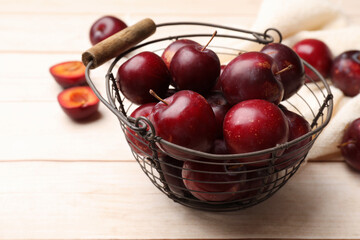 Ripe cherry plums in metal basket on light wooden table, closeup
