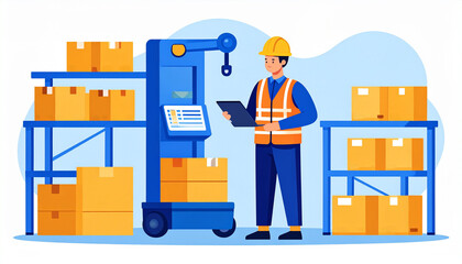 An inspector checking goods in a warehouse setting, filled with boxes and storage shelves