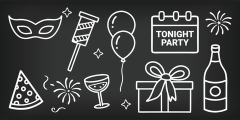 New Year's Eve Party Icon Set. A chalkboard vector illustration of celebration elements. A doodle clipart graphic of a mask, champagne, and fireworks for a holiday invitation design.