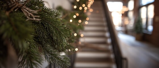 Decorative greenery along a festive staircase.