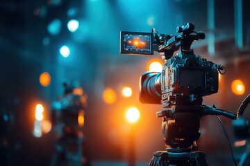 A professional video camera on a tripod records in a studio with vibrant blue and orange lighting in the background