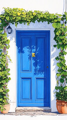 Vibrant blue door adorned with lush green vines and sunlight reflections