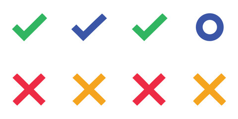 Obraz premium Check Mark and Cross Vector Icon Set. A simple flat design collection of green, blue, red, and yellow symbols. A modern graphic for a true or false quiz, poll, and UI UX design. Yes No.