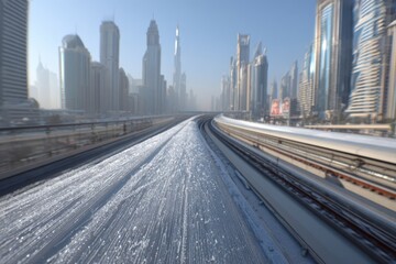 Fototapeta premium A captivating perspective of Dubai's skyline with a modern railway and tall skyscrapers, showcasing the vibrant cityscape and architectural marvels under a clear blue sky.