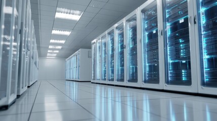 The modern server room with advanced networking technology and ambient lighting.