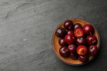Ripe cherry plums in bowl on dark textured table, top view. Space for text