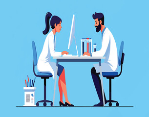 Two scientists working in a laboratory setting with computer and equipment