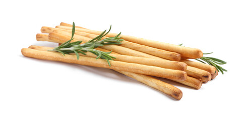 Delicious grissini sticks with rosemary isolated on white