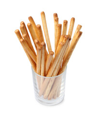 Delicious grissini sticks in glass isolated on white